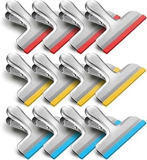 HOUSE AGAIN 12 Pack Chip Bag Clips Covered with Silicone - NO More Sharp Edges - Color Coded with 3 Perfect for Good Grips Food Bags and Chip Bags - Air Tight Seal, Heavy Duty, 3 Inches Wide