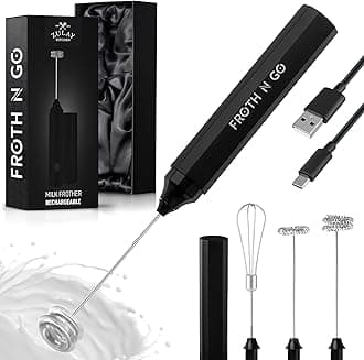 Zulay Froth N Go Milk Frother – Rechargeable 3-in-1 Handheld Frother Wand with Travel Case & USB-C Charger – Single, Double & Egg Whisk for Latte, Cappuccino, Matcha, Protein Shakes – Black