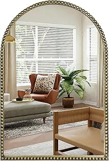 Wemily Antique Gold 24"x36" Arched Wall Mirror with Metal Beaded Frame - Decorative Accent Wall Mirror for Bathroom, Bedroom, Living Room, Entryway