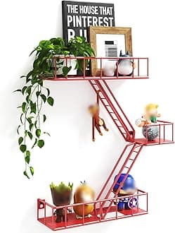 Fire Escape Wall Shelf with Baskets, 3-Tier Metal Fire Escape Ladder Shelf Wall Organizer, New York Inspired Decorative Shelf, Red Floating Action Figurine Display Shelves for Bedroom, Home Décor.
