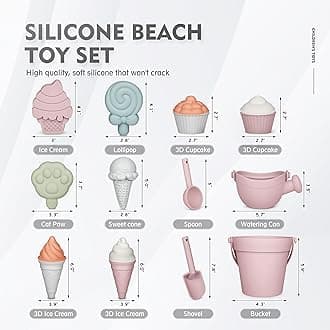 MarcZero 17Pcs Silicone Beach Toys,Modern Baby Beach Toys,Travel Friendly Beach Set,Silicone Bucket, Watering Can, Shovel, 12 Sand Molds, Beach Bag,Silicone Sand Toys for Toddlers, Kids (Pink)