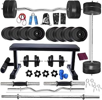 BODYFIT Home Gym Set Combo Kit, Equipment, (20Kg-100Kg) Weight Plates, 3Ft Curl, 5Ft Plain Rod, Flat with Leg Bench,2 x Dumbbell Rods,Fitness Exercise Set. (24 Kg Set)