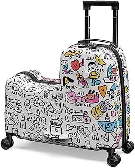 DIY Coloring Ride On Suitcase for Kids Ages 4-8, 22 Inch Graffiti Rolling Luggage with Spinner Wheels & Safety Belt, Lightweight Travel Checked Suitcase with Combination Lock