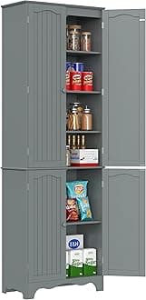 Function Home Tall Pantry Cabinet, Freestanding Storage Cabinet, Wooden Kitchen Pantry with 4 Doors and 5 Shelves, 72" Floor Cabinet Organizer for Kitchen Living Room Bathroom, Grey