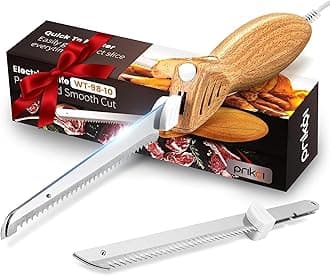 Electric Knife - Easy-Slice Serrated Edge Blades Carving Set for Meat, Bread, Turkey, Ribs, Fillet, DIY, Ergonomic Handle + 2 Blades for Raw & Cooked Food(Faux Wood)