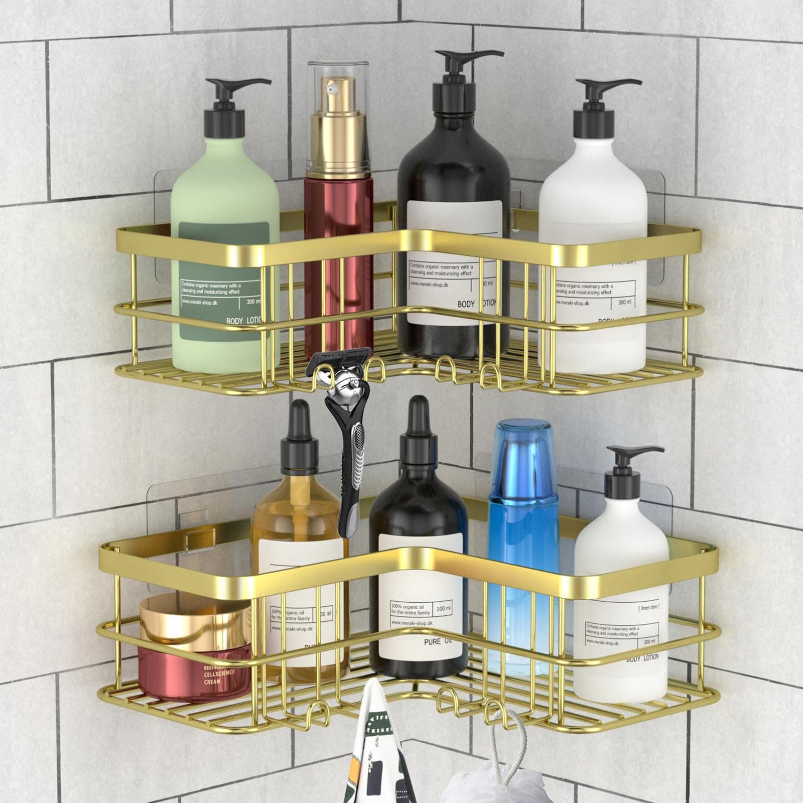 Corner Shower Caddy 2-Pack, No Drilling Shower Organizer Corner Shelf for Bathroom Tub, Stainless Steel Shower Caddy Corner Shelf for Bathroom Kitchen(Gold)