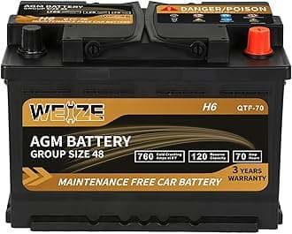 Weize Platinum AGM Battery BCI Group 48-12v 70ah H6 Size 48 Automotive Battery, 120RC, 760CCA, 36 Months Warranty, Dimensions 10.94" L x 6.89" W x 7.48" H