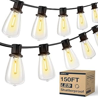 addlon 150FT(50FT*3) LED Outdoor String Lights Waterproof Patio Lights with 48 Shatterproof ST38 Replaceable Bulbs(3 Spare), Dimmable Outside Hanging Light Connectable for Porch, Backyard, 2200K