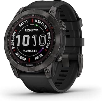 GarminGarmin fenix 7 Sapphire Solar, adventure smartwatch, with Solar Charging Capabilities, rugged outdoor watch with GPS, touchscreen, wellness features, carbon gray DLC titanium with black band