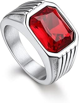 Bandmax Gemstone Signet Rings for Men, Stainless Steel Fancy Cut Cubic Zirconia Rings Blue Topaz/Emerald/Black Onyx/Ruby Ring Statement Ring Wedding Ring Size 7-14