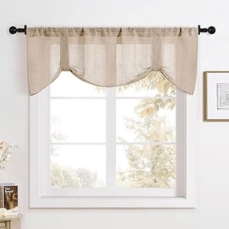 Home Queen Burlap Tie Up Curtain Topper Valance for Cafe Window, Semi Sheer Fabric with Adjustable Magic Strap, Straight and Wave Available, 54" W X 20" L, Taupe