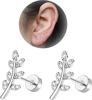 20G Cartilage Earrings for Women 14K Gold Stainless Steel Flat Back Cartilage Stud Earrings for Sensitive Ear Leaf Opal CZ Handmade Helix Conch Piercing Jewelry