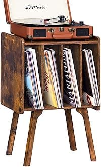 LELELINKY Small Record Player Stand - Width 11.7 in, Brown Vinyl Record Storage Table with 4 Cabinet Up to 80 Albums, Vinyl Holder with Wood Legs,Turntable Stand Display Shelf for Bedroom Living Room