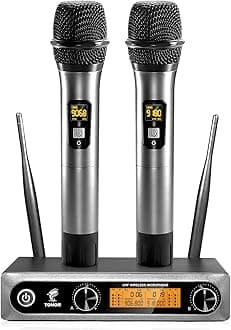 TONOR Wireless Microphones System, 2 * 15 Channel Metal Professional UHF Cordless Dynamic Handheld Mics with Receiver for Home Karaoke, Meeting, Party, Church, Wedding, KTV, 60 m/200ft, TW-820 Silver