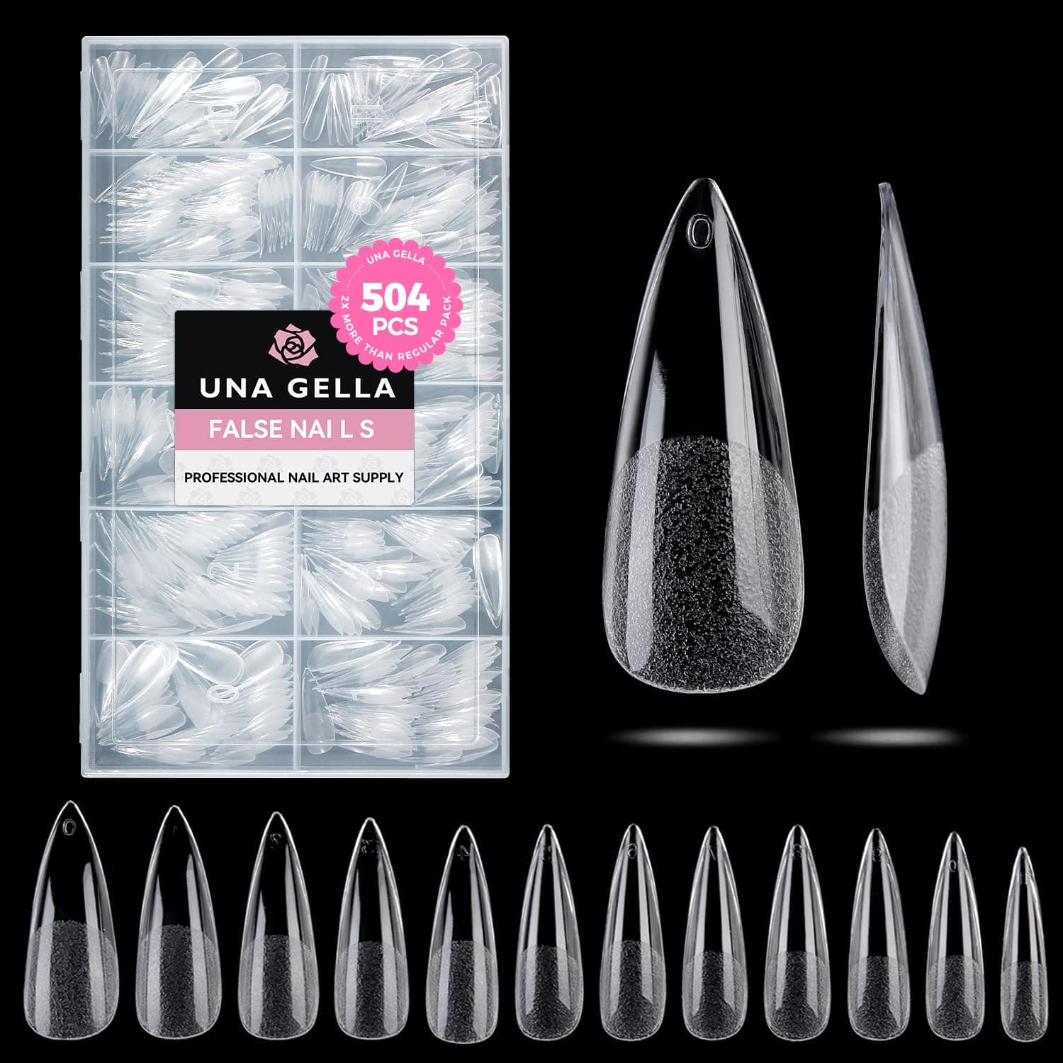 UNA GELLA Nail Tips 504Pcs False Nails Half Matte Full Cover Clear Acrylic Gel Fake Nails for Extensions Nail Art DIY Salon 12 Sizes Long Stiletto