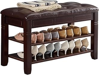 Shoe Storage Bench, Entryway Shoe Rack with Fiberleather Seat 2-Tier Lift Top Organizer Wooden Shoe Bench for Entryway Hallway Living Room (Dark Brown 31.5x13.8x18.9'')