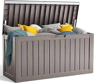 PatioZen 90 Gallon Resin Deck Box, Lockable Patio Outdoor Storage Box for Furniture, Garden Tools and Tools Storage, Waterproof Outside Storage Boxes - Grey