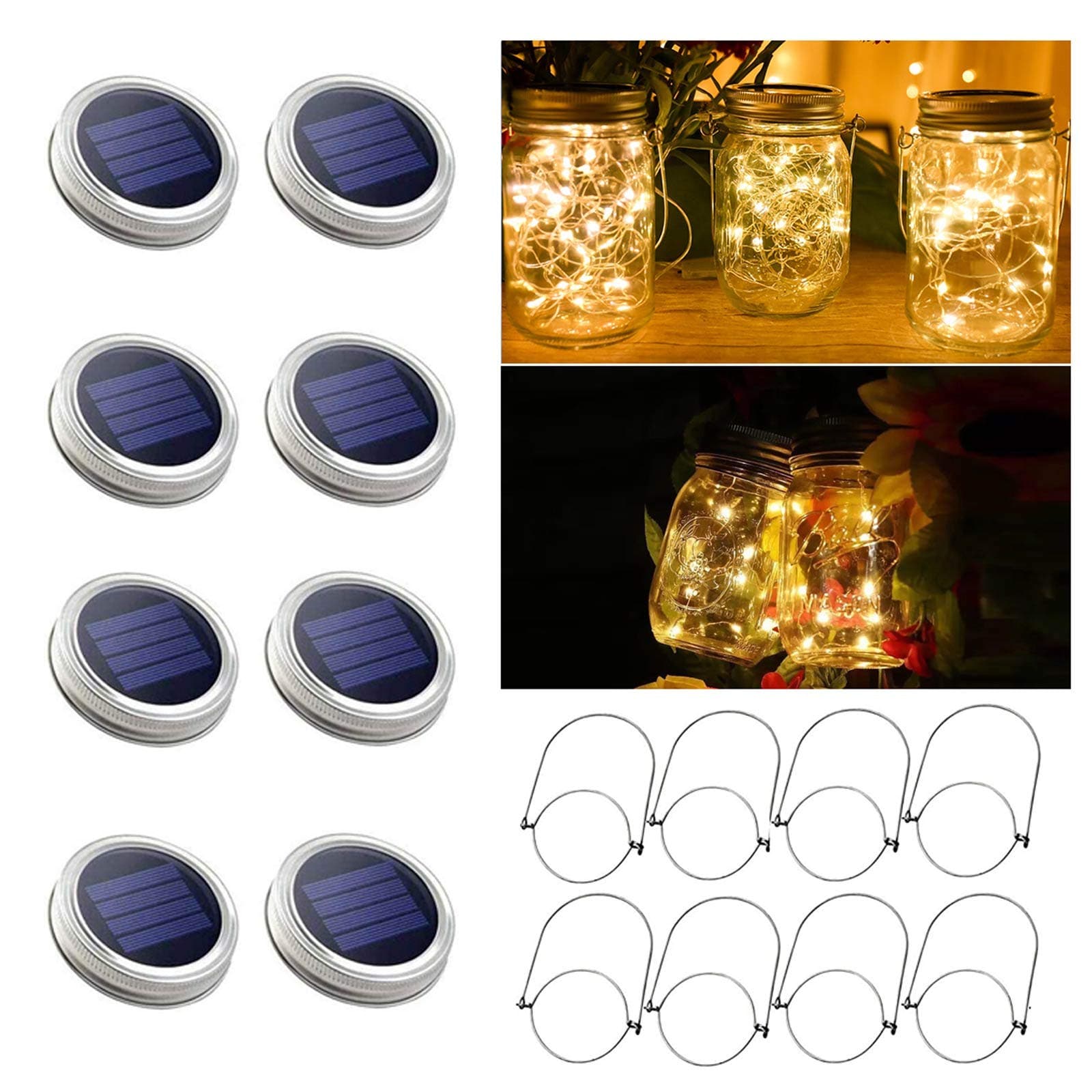8 Pack Solar Mason Jar Lights, 30 LED Warm White Solar Fairy String Lights Lids with 8 Hangers(Jars Not Included), Best for Mason Jar Decor,Outdoor Lawn Patio Garden,Party,Christmas