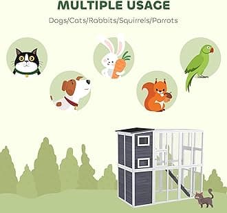 PawHut Catio Outdoor Cat Enclosure, Wooden Patio Cat Window Box with Platforms, Waterproof Asphalt Roof, Ramps, 77" L, Light Gray