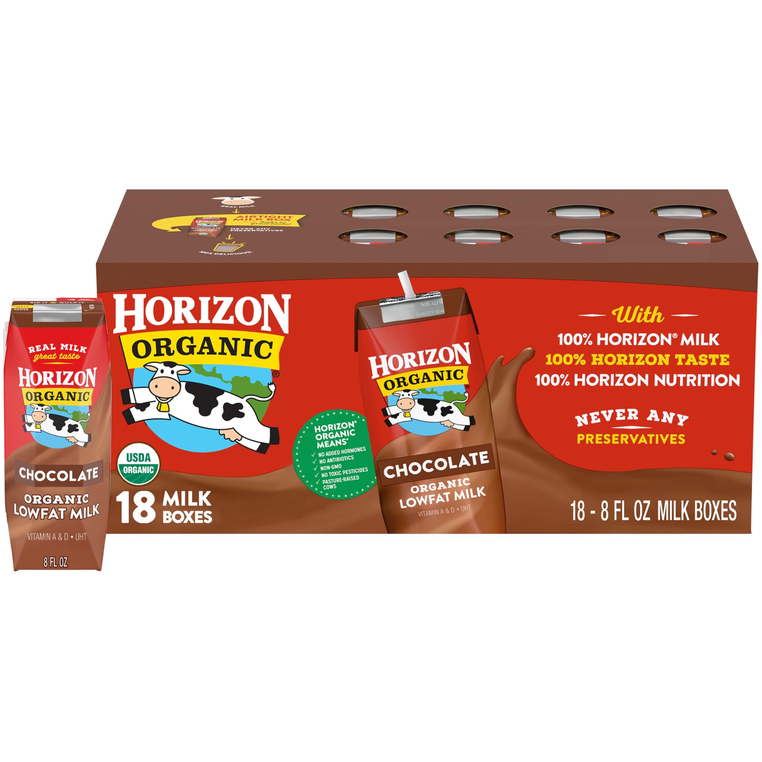 Horizon Organic Shelf Stable 1% Lowfat Chocolate Milk Boxes, 8 fl oz, 18 Count - 8g Protein per Serving, USDA Organic, Ready to Drink for Lunchbox, Travel, or On-the-Go, No Refrigeration Needed