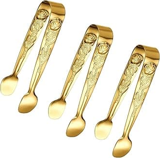 3PCS Mini Serving Tongs, 4Inch Rose Stainless Steel Sugar Cube Tongs, Sliver Small Ice Tong for Tea and Coffee Party, Appetizers, Desserts by Sunenlyst (Gold)
