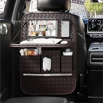 GMQ Back Seat Car Organizer 1 Pack,Backseat Organizer with Tray,Multifunctional Car Seat Back Storage Box with Foldable Tablet Holder (Coffee, Weave)