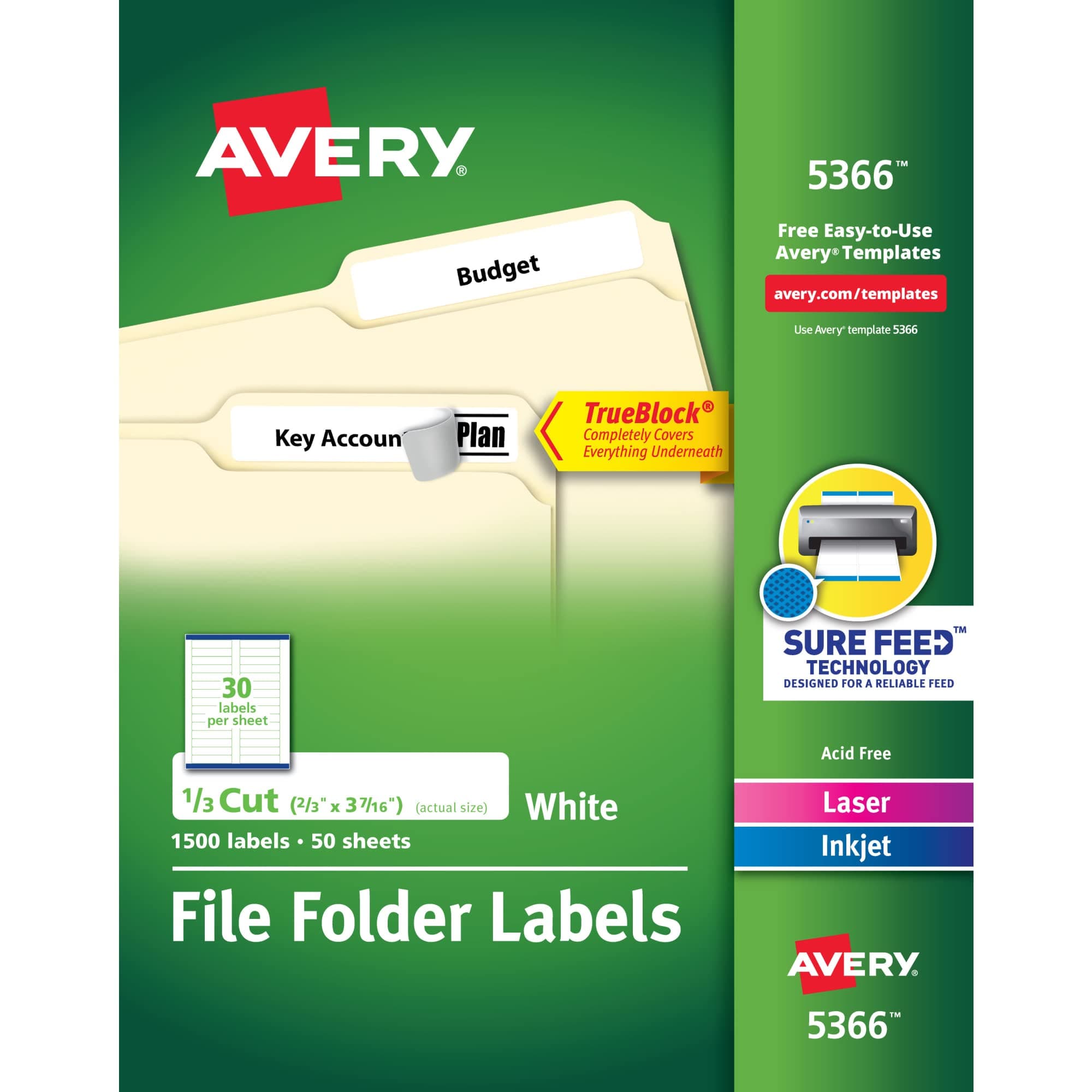 TrueBlock File Folder Labels, 2/3" x 3-7/16", 1,500 Printable Labels, White, Permanent (5366)