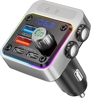 Nulaxy 54W Bluetooth 5.3 Car Adapter with 4 Charging Ports [PD 36W & QC3.0 18W], Wireless Radio FM Transmitter with Deep Bass Player & 5 Colors LED Backlit, Hands-Free Calling - Silver