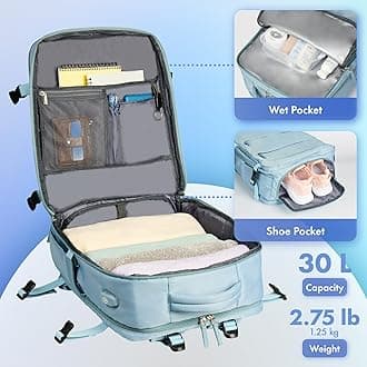Dikaslon Travel Backpack for Women Men, Carry On Backpack with USB Charging Port & Shoe Pouch, Flight Approved, Casual Daypack, Light Blue