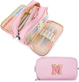 Extra Large Capacity Pencil Case 3 Compartment Initial Pencil Pouch Personalized Cute Aesthetic Stationery Pen Case Bag for School Teen Girl Boy Men Women Gift (M, Pink)