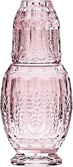 Elle Décor 310123PK Vintage Bedside Water Carafe with Tumbler – Elegant Pitcher and Matching Drinking Glass Doubles As Lid for Guest Room, Office-Makes A Gift, 4.7x10.4", Pink