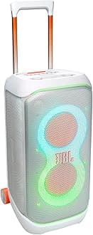 - JBL PartyBox Stage 320 - Portable Party Speaker with Telescopic Handle & Wide, Sturdy Wheels, Powerful JBL Pro Sound, Futuristic lightshow, Up to 18 Hours of Play time, Splash Proof (White)