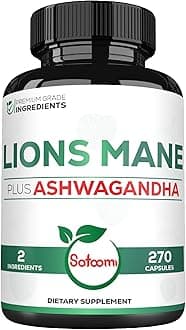Lions Mane Supplement Capsules with Ashwagandha Supplement - 270 Capsules - High Concentrated for Restful Mind, Brain Health, Immune System & Focus Support - Gluten-Free, Non-GMO