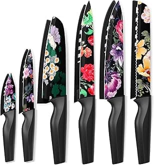 Astercook Knife Set, 12-Piece Flower Kitchen Knives Sets with Blade Guards, Dishwasher Safe, German High Carbon Stainless Steel, Perfect Gifts for Kitchen