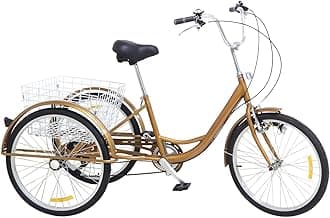 24'' 6 Speed Adult Tricycle, Gold Adult Tricycle, 3 Wheel Trike Cruiser Bike, Bicycle Seniors Shopping Trike with Shopping Basket