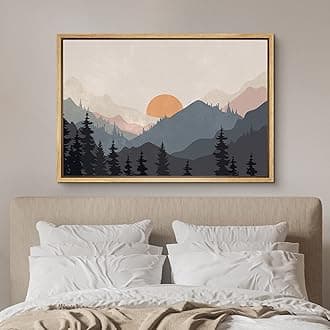 SIGNFORD 額入りキャンバスプリント ウォールアート 森林 保育園 装飾 日の出 パステル 山 川 自然 荒野 モダンアート 装飾 ボーホー リラックス/禅 リビングルーム、ベッドルーム、オフィス用 - 24インチx36インチ ナチュラル