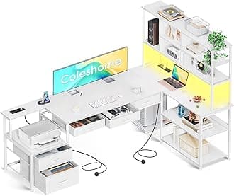 Coleshome L Shaped Corner Desk with Drawers, Reversible Home Office Computer Desk with Storages & Shelves, Gaming Table with LED Lights & Power Outlets White, 200 × 110 cm