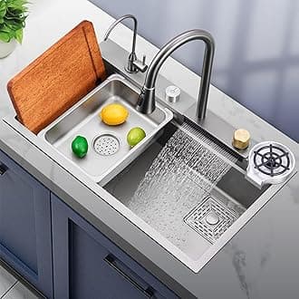 HARDSTONE 30x18x9 Inch Multifunctional Kitchen Sink Stainless Steel 304 Grade with Waterfall Outlet 360° Pull-Down Faucet & Cup Washer& Ro Tap Honeycomb Anti-Scratch Sink, Silver Colour