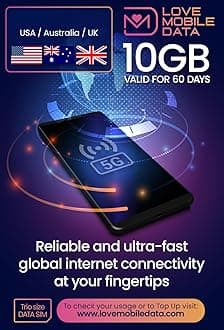 Love Mobile Data Only Sim Card - International Multi-Network 4G/5G Prepaid Pay As You Go Data Sim for Mobile Phones, WiFi Routers, & More, Australia & New Zealand - 10GB for 60 Days