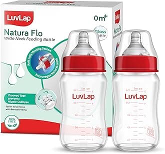 Natura Flo Wide Neck Glass Feeding Bottle, New Born/Infants/Toddler Upto 3 Years, BPA Free, Ergonomic Shape is Easy to Hold, with Anti Colic Nipple, Pack of 2, 150ml
