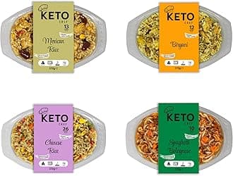 Keto Chef Instant Rice Ready Meals – Chinese Fired Rice, Mexican Rice, Biryani Rice, Spaghetti Bolognese Noodles, Konjac Vegan Microwaveable Meal | Free-from & High in Protein Pack of 4 (370g)
