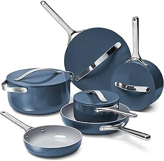 Deluxe Nonstick Ceramic Cookware Set (16 Piece) Pots, Frying Pans, Lids and Kitchen Storage - PFAS & PFOA Free - Oven Safe Ceramic Pan Set & Compatible with All Stovetops - Navy
