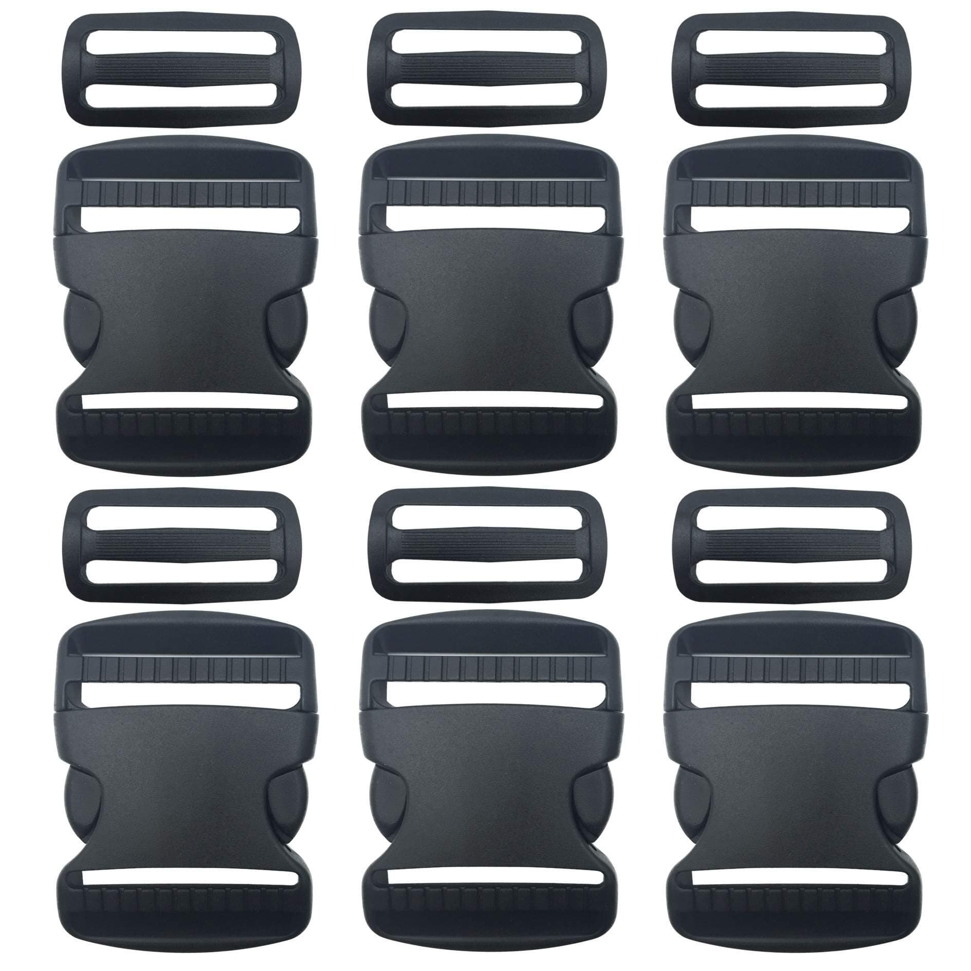 6 Set 2 Inch Flat Dual Adjustable Plastic Quick Side Release Plastic Buckles and Tri-glide Slides for Luggage Straps Pet Collar Backpack Repairing (Black, Fit For 2”/50mm Webbing Straps)