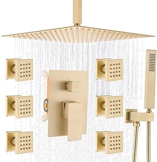 EngaBrushed Gold Rain Shower System with Body Jets, 12 inch Rain Shower Body Spray Jets System Ceiling Mounted Shower Faucet Set with 3-Function Brass Shower Valve