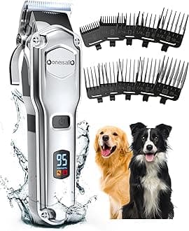 oneisall Dog Clippers for Grooming for Thick Heavy Coats/Low Noise Rechargeable Cordless Pet Shaver with Stainless Steel Blade/Waterproof Dog Shaver for Dogs Pets and Animals