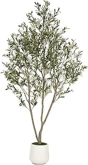 Olive Trees Artificial Indoor, 7FT Tall Faux Olive Tree with White Tall Planter, Artificial Plants with Natural Wood Trunk and Lifelike Fruits for Home Office Decor