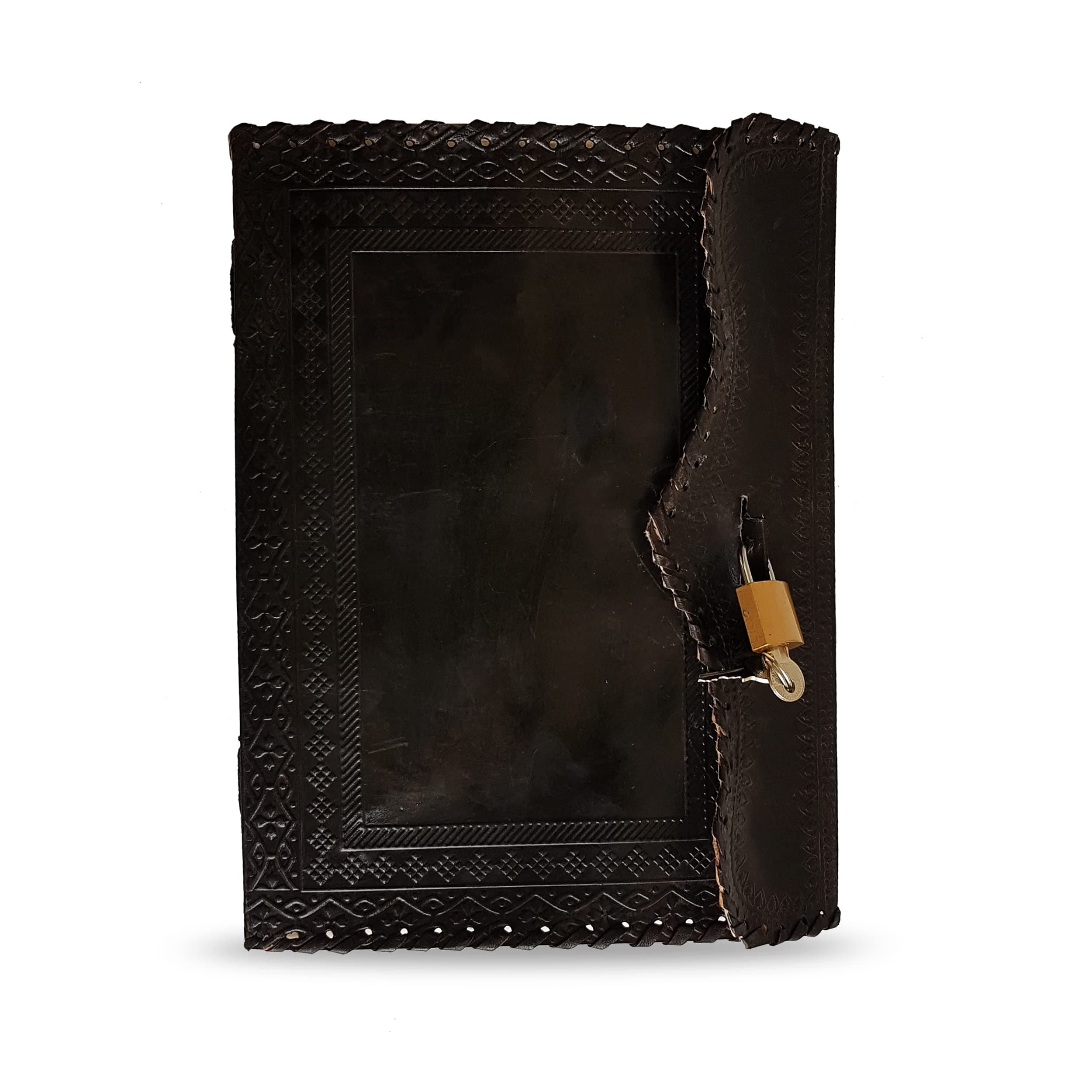 jaald 10" Leather Journal with lock Writing Pad Blank Notebook Handmade Notepad Men & Women Unlined Paper Best Present Art Sketchbook Travel Diary To Write Book Of Shadow Refillable Grimoire Black