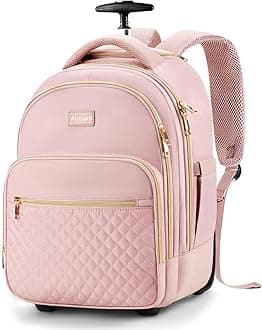 Small Rolling Backpack for Women, Lightweight Travel Backpack with Wheels, Convertible Carry On Luggage, Pink, 15-inch, Rolling Backpack for Women