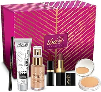 Iba Dusky Makeup Gift Set for Women | Foundation, Compact, Primer, Lipsticks, Kajal | Long Lasting | Full Coverage | Bridal Makeup Kit for Women | 100% Vegan & Cruelty-Free (6 Items)