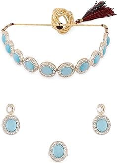 ZAVERI PEARLS Turquoise Blue Cat Eye Austrain Diamonds & Stones Choker Necklace Earring & Ring Set For Women-ZPFK16628
